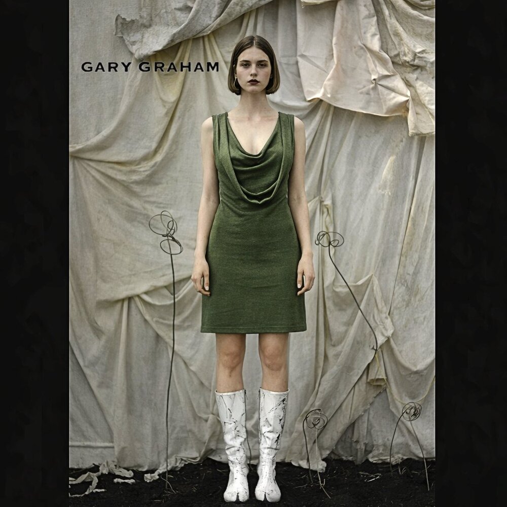 Gary Graham Green Knit Dress SZ 6 Wool Cotton Sleeveless Cowl Neck Layered Shift